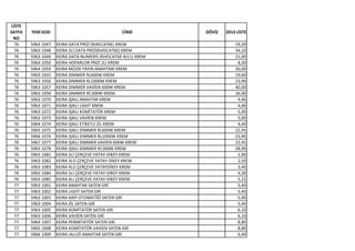 LİSTE
SAYFA
NO
YENİ KOD CİNSİ DÖVİZ 2014 LİSTE
76 5963 1047 KEIRA DATA PRİZİ (RJ45CAT6E) KREM 19,20
76 5963 1048 KEIRA 2Lİ DATA PRİZİ(RJ45CAT6E) KREM 34,10
76 5963 1049 KEIRA DATA-NUMERIS (RJ45CAT6E-RJ11) KREM 21,00
76 5964 1050 KEIRA HOPARLOR PRİZİ 2Lİ KREM 8,30
76 5964 1059 KEIRA MÜZIK YAYIN ANAHTARI KREM 26,00
76 5963 1055 KEIRA DIMMER RL600W KREM 19,60
76 5963 1056 KEIRA DIMMER RL1000W KREM 23,90
76 5963 1057 KEIRA DIMMER VAVİEN 600W KREM 40,00
76 5963 1058 KEIRA DIMMER RC300W KREM 26,00
76 5963 1070 KEIRA IŞIKLI ANAHTAR KREM 4,40
76 5963 1071 KEIRA IŞIKLI LIGHT KREM 4,40
76 5963 1072 KEIRA IŞIKLI KOMİTATÖR KREM 5,00
76 5963 1073 KEIRA IŞIKLI VAVİEN KREM 5,00
76 5964 1074 KEIRA IŞIKLI ETİKETLİ ZİL KREM 4,40
76 5965 1075 KEIRA IŞIKLI DIMMER RL600W KREM 22,45
76 5966 1076 KEIRA IŞIKLI DIMMER RL1000W KREM 23,90
76 5967 1077 KEIRA IŞIKLI DIMMER VAVİEN 600W KREM 22,45
76 5963 1078 KEIRA IŞIKLI DIMMER RC300W KREM 28,90
76 5963 1081 KEIRA 2Lİ ÇERÇEVE YATAY-DİKEY KREM 1,90
76 5963 1082 KEIRA 3LÜ ÇERÇEVE YATAY-DİKEY KREM 2,50
76 5963 1083 KEIRA 4LÜ ÇERÇEVE YATAYDİKEY KREM 3,40
76 5963 1084 KEIRA 5LI ÇERÇEVE YATAY-DİKEY KREM 4,30
76 5963 1085 KEIRA 6LI ÇERÇEVE YATAY-DİKEY KREM 5,15
77 5963 1001 KEIRA ANAHTAR SATEN GRİ 5,40
77 5963 1002 KEIRA LIGHT SATEN GRİ 5,40
77 5963 1003 KEIRA KAPI OTOMATİĞİ SATEN GRİ 5,40
77 5963 1004 KEIRA ZİL SATEN GRİ 5,40
77 5963 1005 KEIRA KOMİTATÖR SATEN GRİ 6,10
77 5963 1006 KEIRA VAVİEN SATEN GRİ 6,10
77 5964 1007 KEIRA PERMİTATÖR SATEN GRİ 8,80
77 5965 1008 KEIRA KOMİTATÖR VAVİEN SATEN GRİ 8,80
77 5966 1009 KEIRA JALUZİ ANAHTAR SATEN GRİ 6,40
 