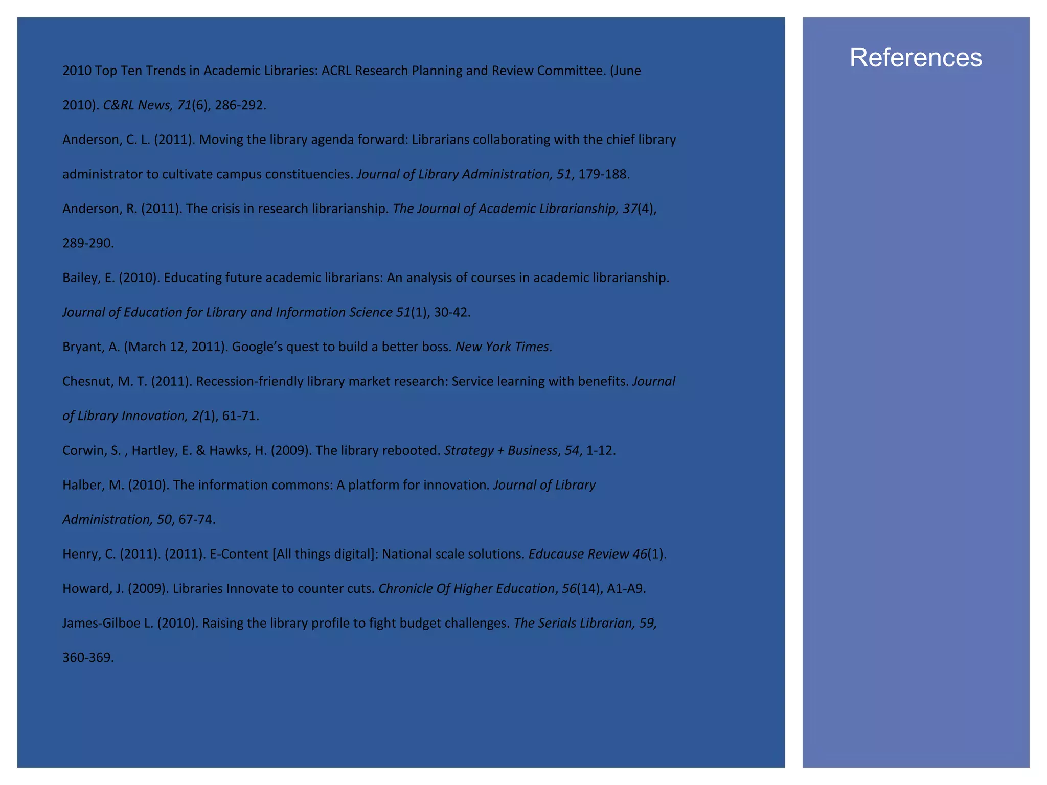 2010 Top Ten Trends in Academic Libraries: ACRL Research Planning and Review Committee. (June
                                                                                                             References
2010). C&RL News, 71(6), 286-292.

Anderson, C. L. (2011). Moving the library agenda forward: Librarians collaborating with the chief library

administrator to cultivate campus constituencies. Journal of Library Administration, 51, 179-188.

Anderson, R. (2011). The crisis in research librarianship. The Journal of Academic Librarianship, 37(4),

289-290.

Bailey, E. (2010). Educating future academic librarians: An analysis of courses in academic librarianship.

Journal of Education for Library and Information Science 51(1), 30-42.

Bryant, A. (March 12, 2011). Google’s quest to build a better boss. New York Times.

Chesnut, M. T. (2011). Recession-friendly library market research: Service learning with benefits. Journal

of Library Innovation, 2(1), 61-71.

Corwin, S. , Hartley, E. & Hawks, H. (2009). The library rebooted. Strategy + Business, 54, 1-12.

Halber, M. (2010). The information commons: A platform for innovation. Journal of Library

Administration, 50, 67-74.

Henry, C. (2011). (2011). E-Content [All things digital]: National scale solutions. Educause Review 46(1).

Howard, J. (2009). Libraries Innovate to counter cuts. Chronicle Of Higher Education, 56(14), A1-A9.

James-Gilboe L. (2010). Raising the library profile to fight budget challenges. The Serials Librarian, 59,

360-369.
 