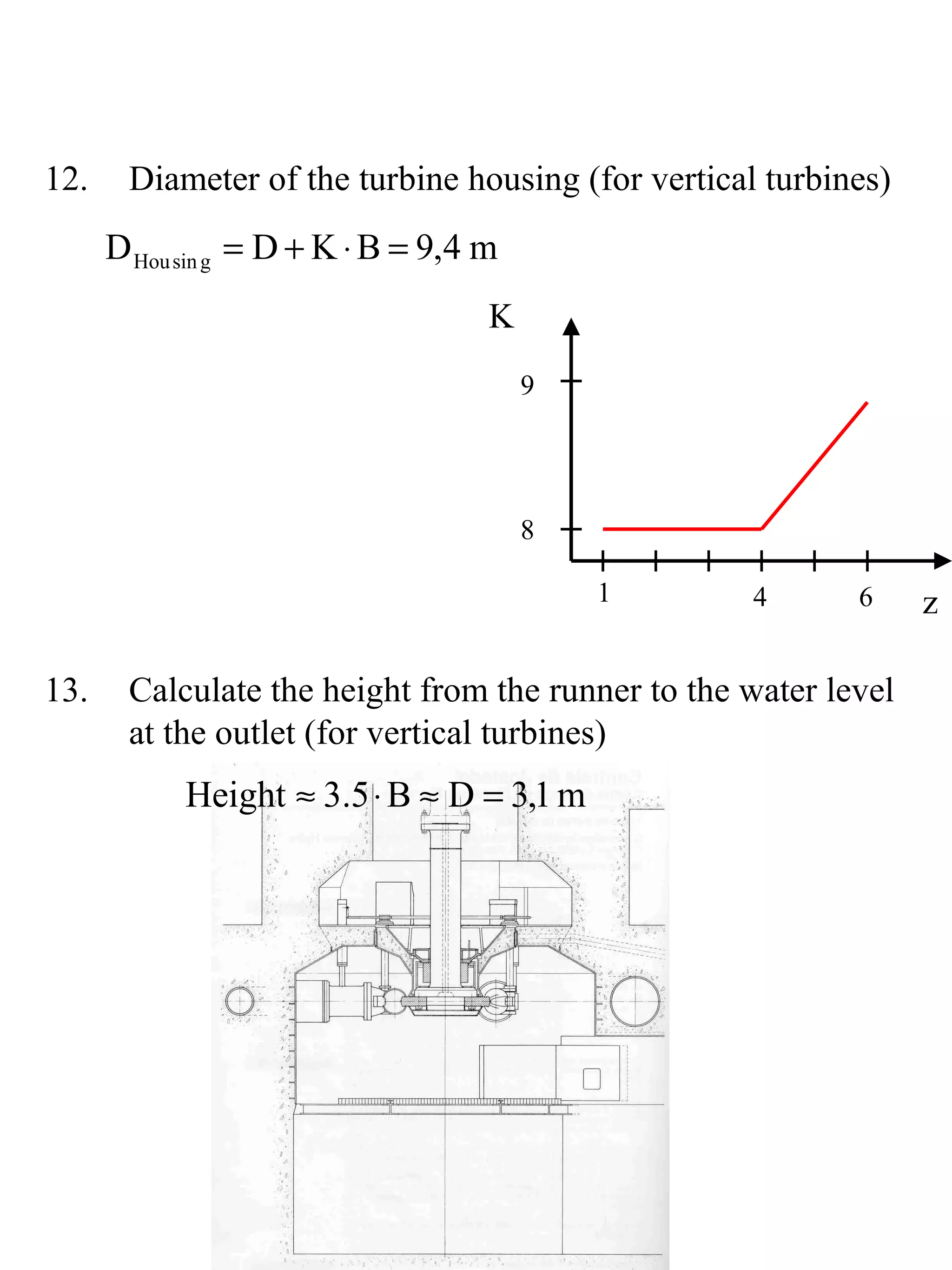 12.    Diameter of the turbine housing (for vertical turbines)
      D Hou sin g = D + K ⋅ B = 9,4 m
                                    K
                                        9




                                        8

                                            1       4      6     z

13.    Calculate the height from the runner to the water level
       at the outlet (for vertical turbines)
            Height ≈ 3.5 ⋅ B ≈ D = 3,1 m
 