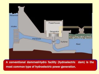 A conventional dammed-hydro facility (hydroelectric dam) is the
most common type of hydroelectric power generation.
 