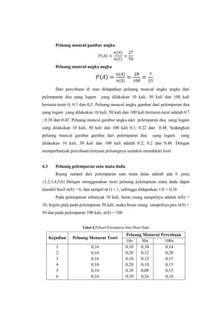 Peluang muncul gambar angka



         Peluang muncul angka angka




         Dari percobaan di atas didapatkan peluang muncul angka angka dari
pelemparan dua uang logam         yang dilakukan 10 kali, 50 kali dan 100 kali
berturut-turut 0; 0.3 dan 0,5. Peluang muncul angka gambar dari pelemparan dua
uang logam yang dilakukan 10 kali, 50 kali dan 100 kali berturut-turut adalah 0.7
; 0.28 dan 0.42. Peluang muncul gambar angka dari pelemparan dua uang logam
yang dilakukan 10 kali, 50 kali dan 100 kali 0.1; 0.22 dan 0.48. Sedangkan
peluang muncul gambar gambar dari pelemparan dua                  uang logam   yang
dilakukan 10 kali, 50 kali dan 100 kali adalah 0.2; 0.2 dan 0.48. Dengan
memperbanyak percobaan ternyata peluangnya semakin mendekati teori


4.3      Peluang pelemparan satu mata dadu
         Ruang sampel dari pelemparan satu mata dadu adalah ada 6 yaitu
{1,2,3,4,5,6}.Dengan menggunakan teori peluang pelemparan mata dadu dapat
diambil hasil n(S) = 6, dan sampel n(1) = 1, sehingga didapatkan 1/6 = 0,16
         Pada pelemparan sebanyak 10 kali, besar ruang sampelnya adalah n(S) =
10, begitu pula pada pelemparan 50 kali, maka besar ruang sampelnya pun n(S) =
50 dan pada pelemparan 100 kali, n(S) = 100


                      Tabel 4.3 Hasil Pelemparan Satu Mata Dadu

                                                Peluang Menurut Percobaan
      Kejadian   Peluang Menurut Teori
                                                10x    50x        100x
         1                 0,16                 0,10   0,34       0,14
         2                 0,16                 0,20   0,12       0,20
         3                 0,16                 0,10   0,12       0,15
         4                 0,16                 0,20   0,10       0,15
         5                 0,16                 0,10   0,08       0,15
         6                 0,16                 0,10   0,24       0,18
 