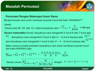 Masalah Permutasi

 Permutasi Dengan Beberapa Unsur Sama
Berapa banyak cara untuk membuat susunan huruf dari kata “KAKAKKU”?
Jawab
                                                                                      P(7 , 2,1)        7!
Karena ada 4K, 2A, dan 1U, maka banyaknya cara =                                        4          =          = 105 cara
                                                                                                     4!.2!.1!
Secara matematika formal, banyaknya cara mengambil 4 huruf K dari 7 huruf ada
 C7                                                                                                               C7 − 4
  4    . Banyaknya cara mengambil 2 huruf A dari (7 – 4) huruf sisanya ada                                         2       ,
                                                                                                                   C1 − 4 − 2
                                                                                                                    7
 dan banyaknya cara mengambil 1 huruf A dari (7 – 4 – 2) huruf sisanya ada                                                     .
 Maka menurut prinsip perkalian banyaknya cara untuk membuat susunan huruf
 dari kata KAKAKKU ada:
                                                        (7 . 6 . 5 . 4) . (3 . 2).(1)      7!
 P(7 ,2,1)
   4         =   C7
                  4   ×   C7 − 4
                           2       ×   C1 − 4 − 2
                                        7           =
                                                             4!       2! 1!
                                                                                      =
                                                                                        4! 2! 1!

                 n                                 n!
  Secara umum, P(n1 , n 2 , ... , n k ) =                       dengan n = n1 + n2 +                             + nk
                                          n1 ! . n 2 ! ... nk !

 Hal.: 10                                                  PELUANG                                             Adaptif
 