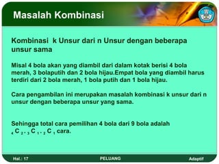 Masalah Kombinasi

Kombinasi k Unsur dari n Unsur dengan beberapa
unsur sama

Misal 4 bola akan yang diambil dari dalam kotak berisi 4 bola
merah, 3 bolaputih dan 2 bola hijau.Empat bola yang diambil harus
terdiri dari 2 bola merah, 1 bola putih dan 1 bola hijau.

Cara pengambilan ini merupakan masalah kombinasi k unsur dari n
unsur dengan beberapa unsur yang sama.


Sehingga total cara pemilihan 4 bola dari 9 bola adalah
4 C 2 . 3 C 1 . 2 C 1 cara.




Hal.: 17                      PELUANG                      Adaptif
 