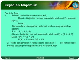 Kejadian Majemuk

Contoh Soal :
1.     Sebuah dadu dilemparkan satu kali,
             Jika A = {kejadian muncul mata dadu lebih dari 2}, tentukan
       P(A’) ?
             Jawab :
        Sebuah dadu dilemparkan satu kali, maka ruang sampelnya
       adalah:
       S = {1, 2, 3, 4, 5, 6}
       Jika A = {kejadian muncul mata dadu lebih dari 2} = {3, 4, 5, 6}
       Maka P(A) = 4/6 = 2/3
              P(A’) = 1 – 4/6 = 2/6 = 1/3
   2. Pada pengambilan 1 kartu secara acak dari 1       set kartu bridge,
   berapa peluang mendapatkan kartu As atau King?




Hal.: 33                        PELUANG                          Adaptif
 