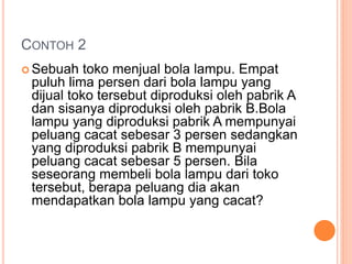 CONTOH 2
 Sebuah toko menjual bola lampu. Empat
puluh lima persen dari bola lampu yang
dijual toko tersebut diproduksi oleh pabrik A
dan sisanya diproduksi oleh pabrik B.Bola
lampu yang diproduksi pabrik A mempunyai
peluang cacat sebesar 3 persen sedangkan
yang diproduksi pabrik B mempunyai
peluang cacat sebesar 5 persen. Bila
seseorang membeli bola lampu dari toko
tersebut, berapa peluang dia akan
mendapatkan bola lampu yang cacat?
 