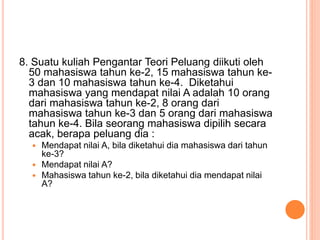8. Suatu kuliah Pengantar Teori Peluang diikuti oleh
50 mahasiswa tahun ke-2, 15 mahasiswa tahun ke-
3 dan 10 mahasiswa tahun ke-4. Diketahui
mahasiswa yang mendapat nilai A adalah 10 orang
dari mahasiswa tahun ke-2, 8 orang dari
mahasiswa tahun ke-3 dan 5 orang dari mahasiswa
tahun ke-4. Bila seorang mahasiswa dipilih secara
acak, berapa peluang dia :
 Mendapat nilai A, bila diketahui dia mahasiswa dari tahun
ke-3?
 Mendapat nilai A?
 Mahasiswa tahun ke-2, bila diketahui dia mendapat nilai
A?
 