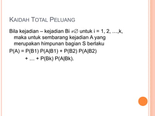 KAIDAH TOTAL PELUANG
Bila kejadian – kejadian Bi  untuk i = 1, 2, …,k,
maka untuk sembarang kejadian A yang
merupakan himpunan bagian S berlaku
P(A) = P(B1) P(A|B1) + P(B2) P(A|B2)
+ … + P(Bk) P(A|Bk).
 