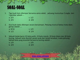 SOAL-SOAL
1.   Tiga buah koin dilempar bersama-sama sekali, peluang munculnya 2 angka dan
     1 gambar adalah …
     a. 2/3                  c. 1/2
     b. 3/5                  d. 3/8

2.   Dua buah dadu dilempar secara bersamaan. Peluang muncul kedua mata dadu
     genap adalah ….
     a. 9/16               c. 1/3
     b. 1/2                d. 1/4

3.   Sebuah kotak berisi 25 bola putih, 15 bola merah, 20 bola hitam dan 30 bola
     kuning. Sebuah bola diambil secara acak dari kotak tersebut, maka peluang
     bahwa bola yang terambil berwarna kuning adalah …
     a. 1/9                  c. 2/9
     b. 3/9                  d. 4/9




                                 SOAL-SOAL LATIHAN
 