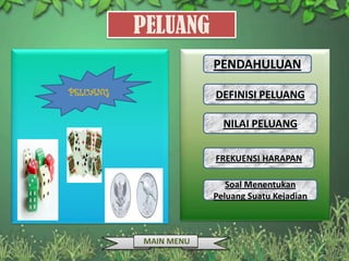 PELUANG
                      PENDAHULUAN
                       PELUANG
PELUANG               DEFINISI PELUANG

                        NILAI PELUANG

                      FREKUENSI HARAPAN

                         Soal Menentukan
                      Peluang Suatu Kejadian



          MAIN MENU
 