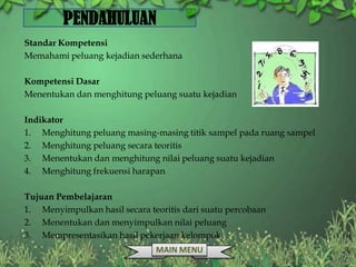 PENDAHULUAN
Standar Kompetensi
Memahami peluang kejadian sederhana

Kompetensi Dasar
Menentukan dan menghitung peluang suatu kejadian

Indikator
1. Menghitung peluang masing-masing titik sampel pada ruang sampel
2. Menghitung peluang secara teoritis
3. Menentukan dan menghitung nilai peluang suatu kejadian
4. Menghitung frekuensi harapan

Tujuan Pembelajaran
1. Menyimpulkan hasil secara teoritis dari suatu percobaan
2. Menentukan dan menyimpulkan nilai peluang
3. Mempresentasikan hasil pekerjaan kelompok
                               MAIN MENU
 