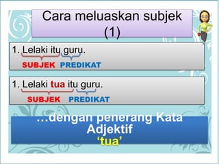 Cara meluaskansubjek (1)1. Lelakiitu guru.SUBJEKPREDIKAT1. Lelakituaitu guru.SUBJEKPREDIKAT…denganpenerangKataAdjektif‘tua’
