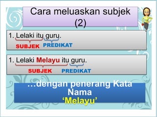Cara meluaskansubjek (2)1. Lelakiitu guru.PREDIKATSUBJEK1. LelakiMelayuitu guru.SUBJEKPREDIKAT…denganpenerangKataNama‘Melayu’