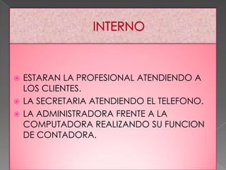 ESTARAN LA PROFESIONAL ATENDIENDO A
LOS CLIENTES.
 LA SECRETARIA ATENDIENDO EL TELEFONO.
 LA ADMINISTRADORA FRENTE A LA
COMPUTADORA REALIZANDO SU FUNCION
DE CONTADORA.


 