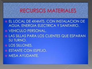 






EL LOCAL DE 4X4MTS. CON INSTALACION DE
AGUA, ENERGIA ELECTRICA Y SANITARIO.
VEHICULO PERSONAL.
LAS SILLAS PARA LOS CLIENTES QUE ESPARAN
SU TURNO.
LOS SILLONES.
ESTANTE CON ESPEJO.
MESA AYUDANTE.

 