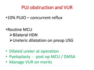 PUJ obstruction and VUR
•10% PUJO – concurrent reflux
•Routine MCU
Bilateral HDN
Ureteric dilatation on preop USG
• Dilated ureter at operation
• Pyeloplasty - post op MCU / DMSA
• Manage VUR on merits
 