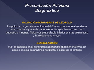 PALPACIÓN-MANIOBRAS DE LEOPOLD
Un polo duro y grande en el fondo del útero corresponde a la cabeza
fetal, mientras que en la parte inferior se apreciará un polo mas
pequeño e irregular. Nalga completa el polo inferior es mas voluminoso
y la irregularidad mayor.
AUSCULTACIÓN
FCF se ausculta en el cuadrante superior del abdomen materno, un
poco x encima de una línea horizontal q pase por el ombligo
 