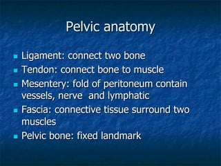 Pelvic anatomy
n  Ligament: connect two bone
n  Tendon: connect bone to muscle
n  Mesentery: fold of peritoneum contain
vessels, nerve and lymphatic
n  Fascia: connective tissue surround two
muscles
n  Pelvic bone: fixed landmark
 