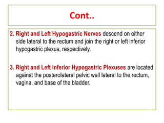 Cont..
2. Right and Left Hypogastric Nerves descend on either
side lateral to the rectum and join the right or left inferior
hypogastric plexus, respectively.
3. Right and Left Inferior Hypogastric Plexuses are located
against the posterolateral pelvic wall lateral to the rectum,
vagina, and base of the bladder.
 