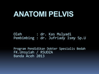 ANATOMI PELVIS
Oleh : dr. Kas Mulyadi
Pembimbing : dr. Jufriady Ismy Sp.U
Program Pendidikan Dokter Spesialis Bedah
FK.Unsyiah / RSUDZA
Banda Aceh 2013
 