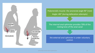 pelvic floor muscle and it's dysfunction 26
the external anal sphincter is under voluntary
control.
The internal anal sphincter provides 70% of the
resting tone of the anal canal
Puborectalis muscle- the anorectal angle 90° (rest)
Angle >90° (during defecation attempts)
 