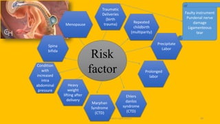 pelvic floor muscle and it's dysfunction 34
Risk
factor
Traumatic
Deliveries
(birth
trauma)
Repeated
childbirth
(multiparity)
Precipitate
Labor
Prolonged
labor
Ehlers
danlos
syndrome
(CTD)
Marphan
Syndrome
(CTD)
Heavy
weight
lifting after
delivery
Condition
with
increased
intra
abdominal
pressure
Spina
bifida
Menopause
Faulty instrument
Pundenal nerve
damage
Ligamenteous
tear
 