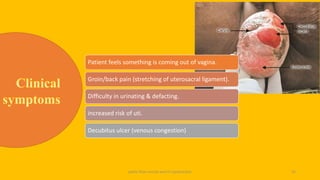 pelvic floor muscle and it's dysfunction 35
Patient feels something is coming out of vagina.
Groin/back pain (stretching of uterosacral ligament).
Difficulty in urinating & defacting.
increased risk of uti.
Decubitus ulcer (venous congestion)
 