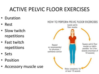 ACTIVE PELVIC FLOOR EXERCISES
• Duration
• Rest
• Slow twitch
repetitions
• Fast twitch
repetitions
• Sets
• Position
• Accessory muscle use
 