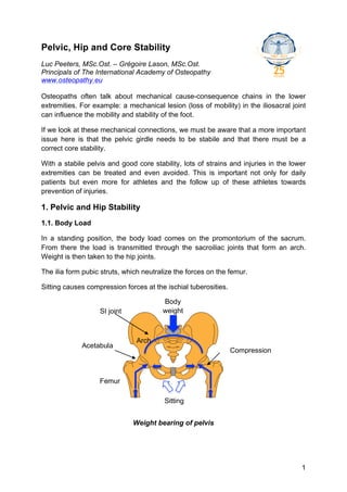 Pelvic, Hip and Core Stability
Luc Peeters, MSc.Ost. – Grégoire Lason, MSc.Ost.
Principals of The International Academy of Osteopathy
www.osteopathy.eu

Osteopaths often talk about mechanical cause-consequence chains in the lower
extremities. For example: a mechanical lesion (loss of mobility) in the iliosacral joint
can influence the mobility and stability of the foot.

If we look at these mechanical connections, we must be aware that a more important
issue here is that the pelvic girdle needs to be stabile and that there must be a
correct core stability.

With a stabile pelvis and good core stability, lots of strains and injuries in the lower
extremities can be treated and even avoided. This is important not only for daily
patients but even more for athletes and the follow up of these athletes towards
prevention of injuries.

1. Pelvic and Hip Stability
1.1. Body Load

In a standing position, the body load comes on the promontorium of the sacrum.
From there the load is transmitted through the sacroiliac joints that form an arch.
Weight is then taken to the hip joints.

The ilia form pubic struts, which neutralize the forces on the femur.

Sitting causes compression forces at the ischial tuberosities.

                                        Body
                   SI joint             weight



                               Arch
             Acetabula
                                                                 Compression



                   Femur

                                         Sitting


                              Weight bearing of pelvis




                                                                                      1
 