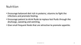 Nutrition
• Encourage balanced diet rich in proteins, vitamins to fight the
infections and promote healing.
• Encourage patient to drink fluids to replace lost fluids through the
discharge, sweating and vomiting.
• Give small frequent feeds that are attractive to promote appetite.
MR SANDWE T.K 46
 