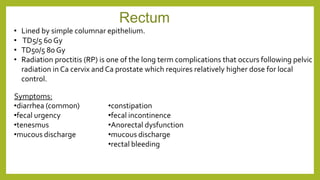 • Lined by simple columnar epithelium.
• TD5/5 60 Gy
• TD50/5 80 Gy
• Radiation proctitis (RP) is one of the long term complications that occurs following pelvic
radiation in Ca cervix and Ca prostate which requires relatively higher dose for local
control.
Symptoms:
•diarrhea (common)
•fecal urgency
•tenesmus
•mucous discharge
Rectum
•constipation
•fecal incontinence
•Anorectal dysfunction
•mucous discharge
•rectal bleeding
 