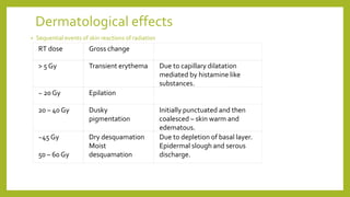 Dermatological effects
• Sequential events of skin reactions of radiation
RT dose Gross change
> 5 Gy Transient erythema Due to capillary dilatation
mediated by histamine like
substances.
~ 20 Gy Epilation
20 – 40 Gy Dusky
pigmentation
Initially punctuated and then
coalesced – skin warm and
edematous.
~45 Gy
50 – 60 Gy
Dry desquamation
Moist
desquamation
Due to depletion of basal layer.
Epidermal slough and serous
discharge.
 