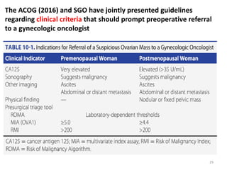 The ACOG (2016) and SGO have jointly presented guidelines
regarding clinical criteria that should prompt preoperative referral
to a gynecologic oncologist
29
 