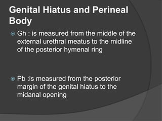 Genital Hiatus and Perineal
Body
 Gh : is measured from the middle of the
external urethral meatus to the midline
of the posterior hymenal ring
 Pb :is measured from the posterior
margin of the genital hiatus to the
midanal opening
 
