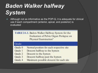 Baden Walker halfway
System
 Although not as informative as the POP-Q, it is adequate for clinical
use if each compartment (anterior, apical, and posterior) is
evaluated
 