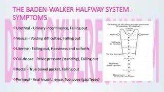 THE BADEN-WALKER HALFWAY SYSTEM -
SYMPTOMS
Urethral - Urinary incontinence, Falling out
Vesical - Voiding difficulties, Falling out
Uterine - Falling out, Heaviness and so forth
Cul-de-sac - Pelvic pressure (standing), Falling out
Rectal - True bowel pocket, Falling out
Perineal - Anal incontinence, Too loose (gas/feces)
 