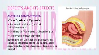 DEFECTS AND ITS EFFECTS
ANTERIOR COMPARTMENT:
Classification of Cystocele:
Paravaginal defect (central,
displacement),
Midline defect (central, distention) or
Transverse defect (apical)
depending on whether the pubocervical
fascia is separated from the vaginal cuff,
separated from the uterosacral ligament, or
mixed.
 