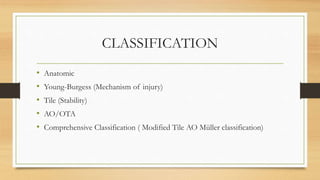 CLASSIFICATION
• Anatomic
• Young-Burgess (Mechanism of injury)
• Tile (Stability)
• AO/OTA
• Comprehensive Classification ( Modified Tile AO Müller classification)
 