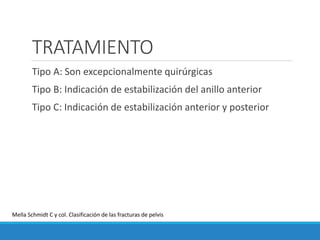 TRATAMIENTO
Tipo A: Son excepcionalmente quirúrgicas
Tipo B: Indicación de estabilización del anillo anterior
Tipo C: Indicación de estabilización anterior y posterior
Mella Schmidt C y col. Clasificación de las fracturas de pelvis
 