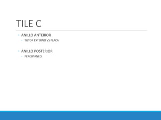 TILE C
◦ ANILLO ANTERIOR
◦ TUTOR EXTERNO VS PLACA
◦ ANILLO POSTERIOR
◦ PERCUTANEO
 
