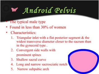 Android Pelvis
• The typical male type
• Found in less than 30% of women
• Characteristics:
1. Triangular inlet with a flat posterior segment & the
widest transverse diameter closer to the sacrum than
in the gynecoid type .
2. Convergent side walls with
prominent spines
3. Shallow sacral curve
4. Long and narrow sacrosciatic notch
5. Narrow subpubic arch
 