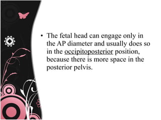 • The fetal head can engage only in
the AP diameter and usually does so
in the occipitoposterior position,
because there is more space in the
posterior pelvis.
 