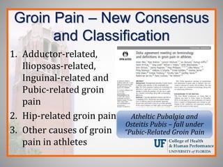 Groin Pain – New Consensus
and Classification
1. Adductor-related,
Iliopsoas-related,
Inguinal-related and
Pubic-related groin
pain
2. Hip-related groin pain
3. Other causes of groin
pain in athletes
Atheltic Pubalgia and
Osteitis Pubis – fall under
“Pubic-Related Groin Pain
 
