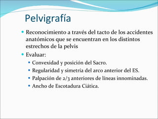 Pelvigrafía Reconocimiento a través del tacto de los accidentes anatómicos que se encuentran en los distintos estrechos de la pelvis Evaluar: Convexidad y posición del Sacro. Regularidad y simetría del arco anterior del ES. Palpación de 2/3 anteriores de líneas innominadas. Ancho de Escotadura Ciática. 