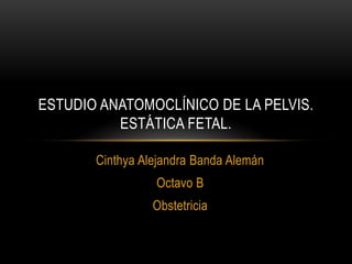 ESTUDIO ANATOMOCLÍNICO DE LA PELVIS.
          ESTÁTICA FETAL.

       Cinthya Alejandra Banda Alemán
                 Octavo B
                 Obstetricia
 