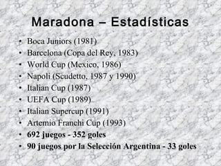 Maradona – Estadísticas   <ul><li>Boca Juniors (1981) </li></ul><ul><li>Barcelona (Copa del Rey, 1983)  </li></ul><ul><li>...