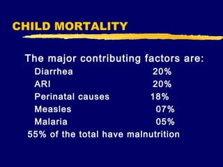 CHILD MORTALITY
The major contributing factors are:
Diarrhea
20%
ARI
20%
Perinatal causes
18%
Measles
07%
Malaria
05%
55% of the total have malnutrition

 