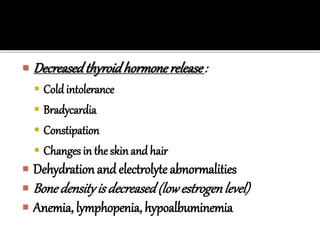  Decreasedthyroidhormonerelease:
 Cold intolerance
 Bradycardia
 Constipation
 Changes in the skinand hair
 Dehydration and electrolyte abnormalities
 Bonedensityis decreased(lowestrogenlevel)
 Anemia, lymphopenia, hypoalbuminemia
 