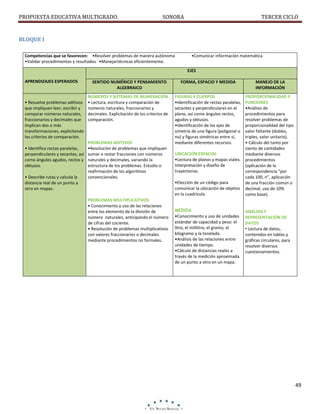 PROPUESTA EDUCATIVA MULTIGRADO.

SONORA

TERCER CICLO

BLOQUE I
Competencias que se favorecen: •Resolver problemas de manera autónoma
•Validar procedimientos y resultados •Manejar técnicas eficientemente.

•Comunicar información matemática
EJES

APRENDIZAJES ESPERADOS

• Resuelve problemas aditivos
que impliquen leer, escribir y
comparar números naturales,
fraccionarios y decimales que
implican dos o más
transformaciones, explicitando
los criterios de comparación.
• Identifica rectas paralelas,
perpendiculares y secantes, así
como ángulos agudos, rectos y
obtusos.
• Describe rutas y calcula la
distancia real de un punto a
otro en mapas.

SENTIDO NUMÉRICO Y PENSAMIENTO
ALGEBRAICO
NÚMEROS Y SISTEMAS DE NUMERACIÓN
• Lectura, escritura y comparación de
números naturales, fraccionarios y
decimales. Explicitación de los criterios de
comparación.

PROBLEMAS ADITIVOS
•Resolución de problemas que impliquen
sumar o restar fracciones con números
naturales y decimales, variando la
estructura de los problemas. Estudio o
reafirmación de los algoritmos
convencionales.

PROBLEMAS MULTIPLICATIVOS
• Conocimiento y uso de las relaciones
entre los elemento de la división de
número naturales, anticipando el número
de cifras del cociente.
• Resolución de problemas multiplicativos
con valores fraccionarios o decimales
mediante procedimientos no formales.

FORMA, ESPACIO Y MEDIDA

MANEJO DE LA
INFORMACIÓN

FIGURAS Y CUERPOS
•Identificación de rectas paralelas,
secantes y perpendiculares en el
plano, así como ángulos rectos,
agudos y obtusos.
•Identificación de los ejes de
simetría de una figura (poligonal o
no) y figuras simétricas entre sí,
mediante diferentes recursos.

PROPORCIONALIDAD Y
FUNCIONES
•Análisis de
procedimientos para
resolver problemas de
proporcionalidad del tipo
valor faltante (dobles,
triples, valor unitario).
• Cálculo del tanto por
ciento de cantidades
UBICACIÓN ESPACIAL
mediante diversos
•Lectura de planos y mapas viales. procedimientos
Interpretación y diseño de
(aplicación de la
trayectorias.
correspondencia “por
cada 100, n”, aplicación
•Elección de un código para
de una fracción común o
comunicar la ubicación de objetos decimal, uso de 10%
en la cuadrícula.
como base).
MEDIDA
•Conocimiento y uso de unidades
estándar de capacidad y peso: el
litro, el mililitro, el gramo, el
kilogramo y la tonelada.
•Análisis de las relaciones entre
unidades de tiempo.
•Cálculo de distancias reales a
través de la medición aproximada
de un punto a otro en un mapa.

ANÁLISIS Y
REPRESENTACIÓN DE
DATOS
• Lectura de datos,
contenidos en tablas y
gráficas circulares, para
resolver diversos
cuestionamientos.

49

 