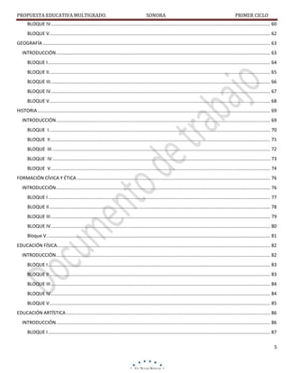 PROPUESTA EDUCATIVA MULTIGRADO.

SONORA

PRIMER CICLO

BLOQUE IV. ........................................................................................................................................................................ 60
BLOQUE V. ......................................................................................................................................................................... 62
GEOGRAFÍA ............................................................................................................................................................................... 63
INTRODUCCIÓN..................................................................................................................................................................... 63
BLOQUE I ........................................................................................................................................................................... 64
BLOQUE II. ......................................................................................................................................................................... 65
BLOQUE III. ........................................................................................................................................................................ 66
BLOQUE IV. ........................................................................................................................................................................ 67
BLOQUE V. ......................................................................................................................................................................... 68
HISTORIA ................................................................................................................................................................................... 69
INTRODUCCIÓN..................................................................................................................................................................... 69
BLOQUE I. ......................................................................................................................................................................... 70
BLOQUE II ......................................................................................................................................................................... 71
BLOQUE III. ....................................................................................................................................................................... 72
BLOQUE IV. ....................................................................................................................................................................... 73
BLOQUE V ......................................................................................................................................................................... 74
FORMACIÓN CÍVICA Y ÉTICA ..................................................................................................................................................... 76
INTRODUCCIÓN..................................................................................................................................................................... 76
BLOQUE I ........................................................................................................................................................................... 77
BLOQUE II .......................................................................................................................................................................... 78
BLOQUE III ......................................................................................................................................................................... 79
BLOQUE IV. ........................................................................................................................................................................ 80
Bloque V. ........................................................................................................................................................................... 81
EDUCACIÓN FÍSICA. ................................................................................................................................................................... 82
INTRODUCCIÓN..................................................................................................................................................................... 82
BLOQUE I ........................................................................................................................................................................... 83
BLOQUE II .......................................................................................................................................................................... 83
BLOQUE III ......................................................................................................................................................................... 84
BLOQUE IV ......................................................................................................................................................................... 84
BLOQUE V. ......................................................................................................................................................................... 85
EDUCACIÓN ARTÍSTICA ............................................................................................................................................................. 86
INTRODUCCIÓN. .................................................................................................................................................................... 86
BLOQUE I ........................................................................................................................................................................... 87
5

 