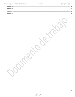 PROPUESTA EDUCATIVA MULTIGRADO.

SONORA

PRIMER CICLO

BLOQUE II .......................................................................................................................................................................... 88
BLOQUE III ......................................................................................................................................................................... 89
BLOQUE IV. ........................................................................................................................................................................ 90
BLOQUE V .......................................................................................................................................................................... 91

6

 